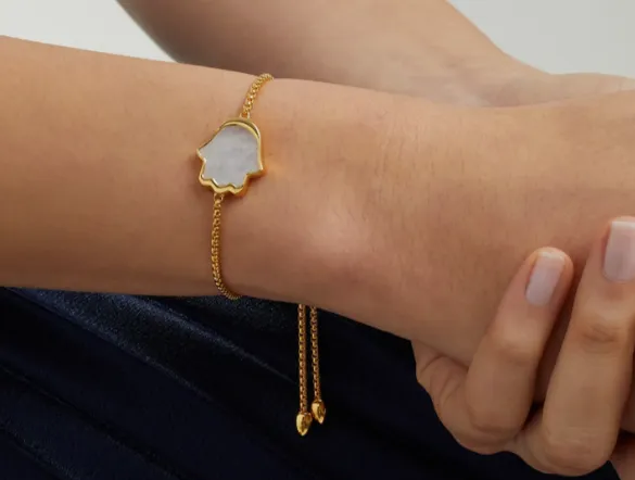 Children's, Teens' and Mothers' Bracelets:  Steel with Gold IP, Bolo (Adjustable) Bracelet with Mother of Pearl Hamsa, with Gift Box