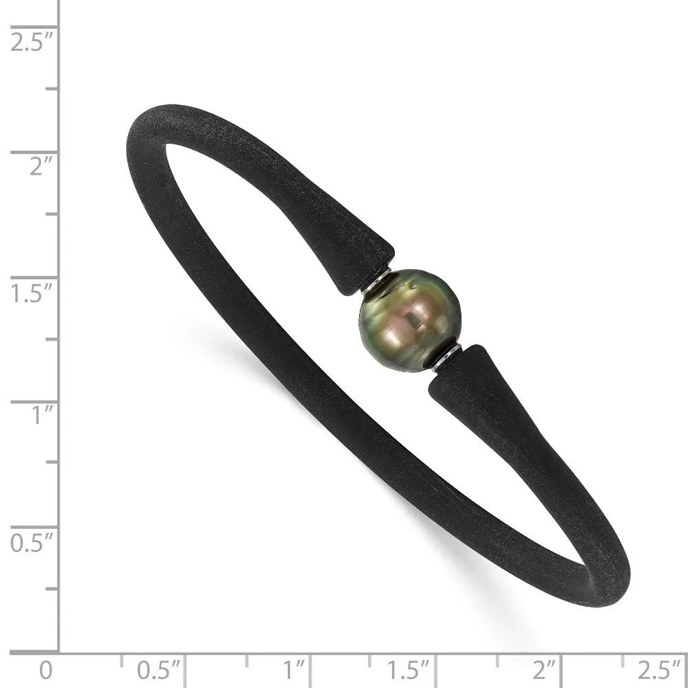 Chisel Stainless Steel 10-11mm Black Tahitian Pearl Black Silicone Bracelet with Hidden Clasp