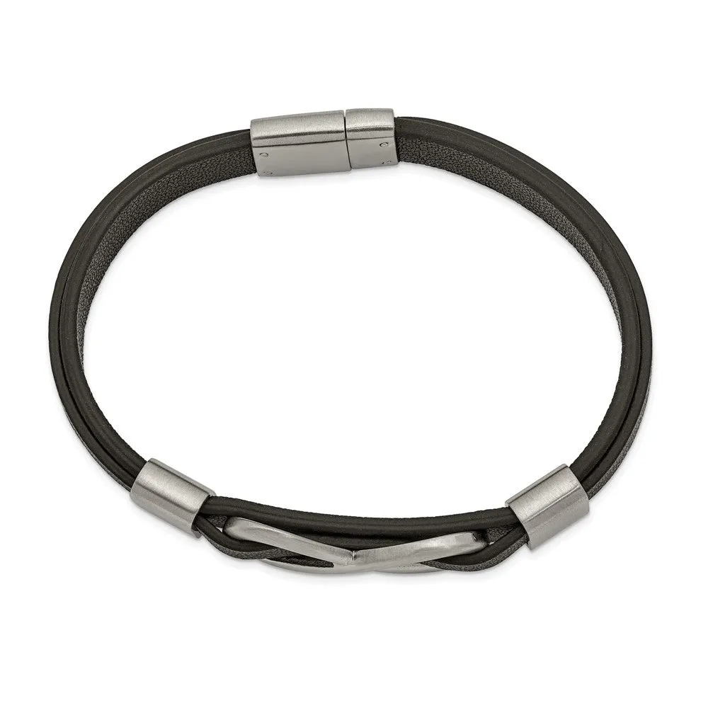 Chisel Stainless Steel Brushed and Polished Infinity Symbol Black Leather 8 inch Bracelet