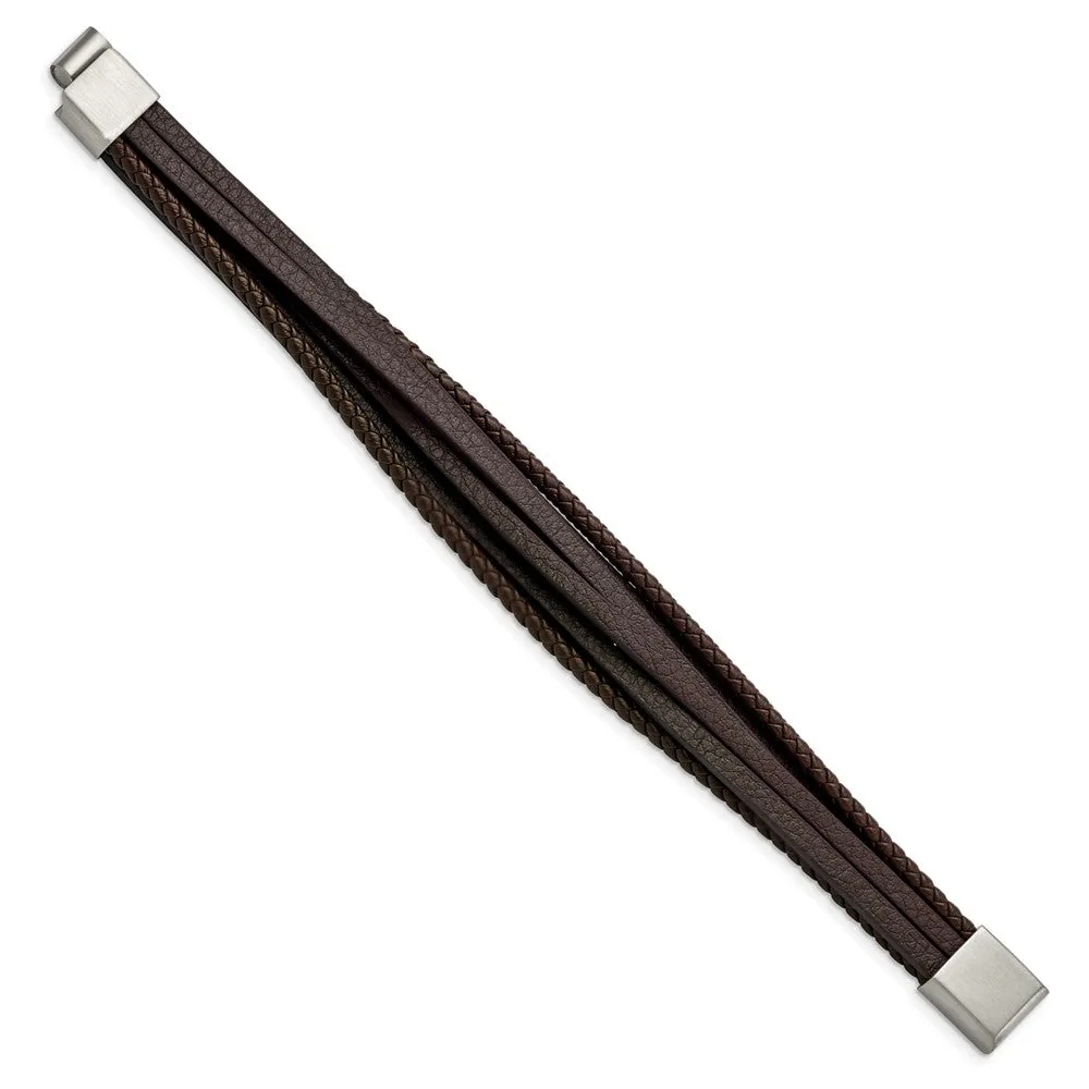 Chisel Stainless Steel Brushed Multi Strand Brown Leather 8 inch Bracelet