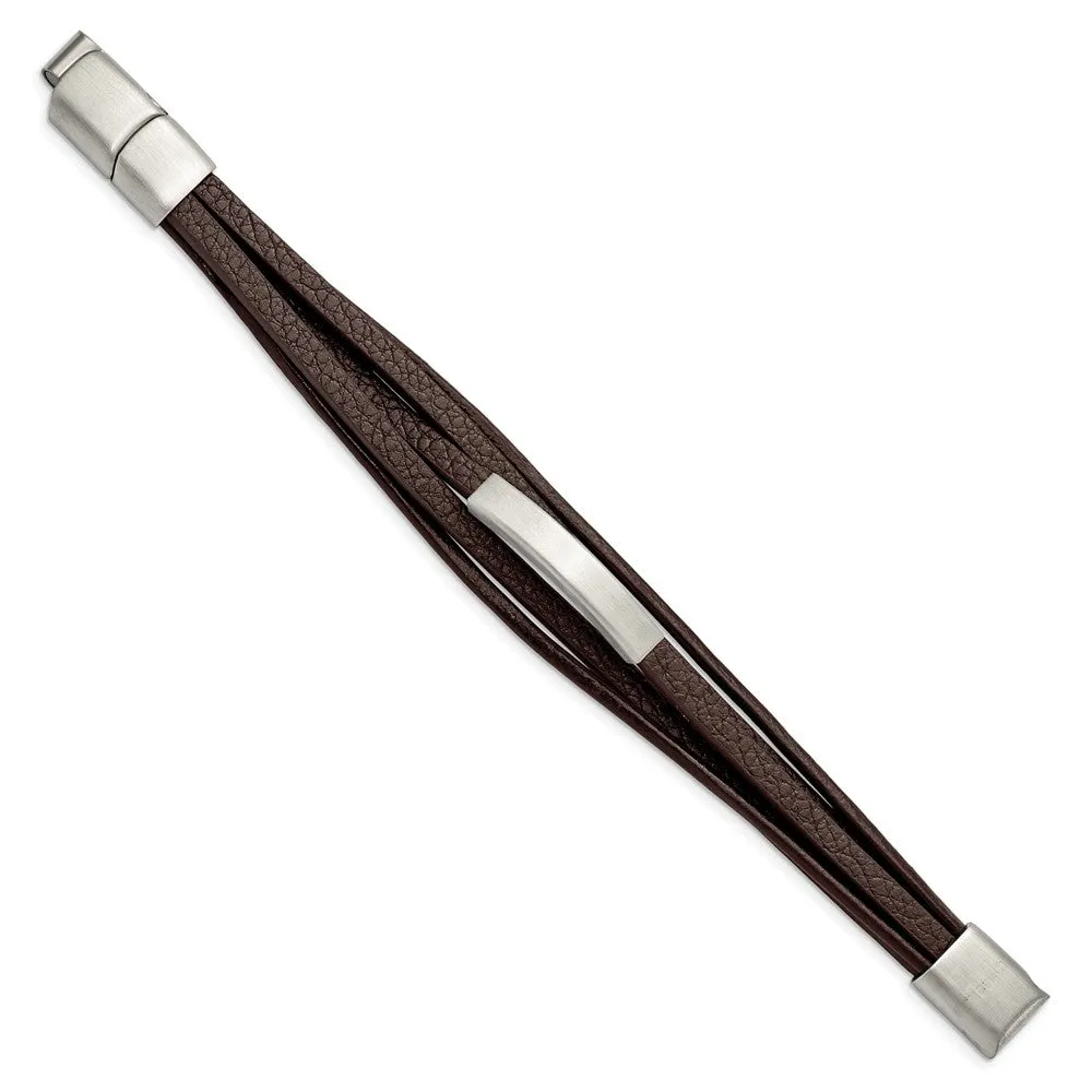 Chisel Stainless Steel Brushed Multi Strand Brown PU Leather 8 inch ID Bracelet with .5 inch Extension