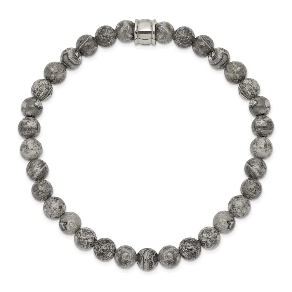 Chisel Stainless Steel Polished 6mm Grey Jasper Beaded Stretch Bracelet