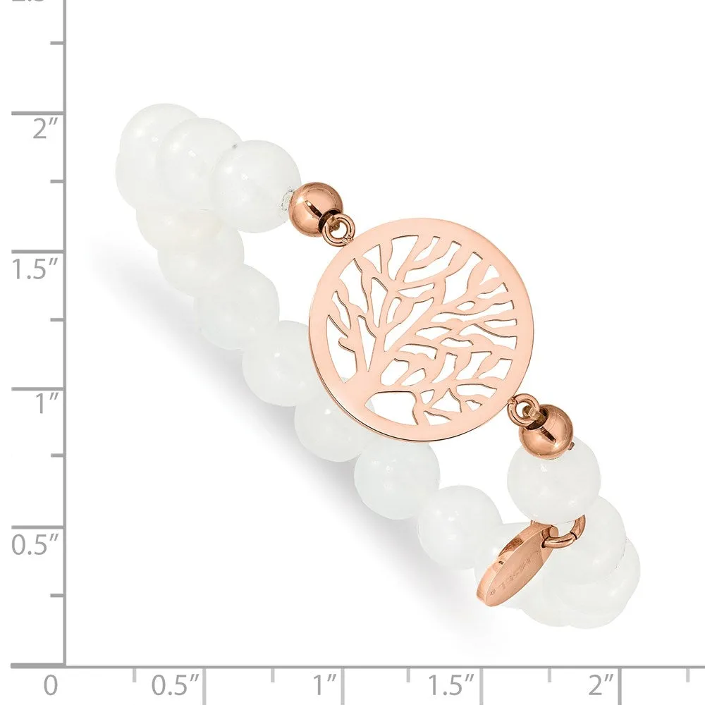 Chisel Stainless Steel Polished Rose IP-plated Tree of Life 8mm White Jade Beaded Stretch Bracelet