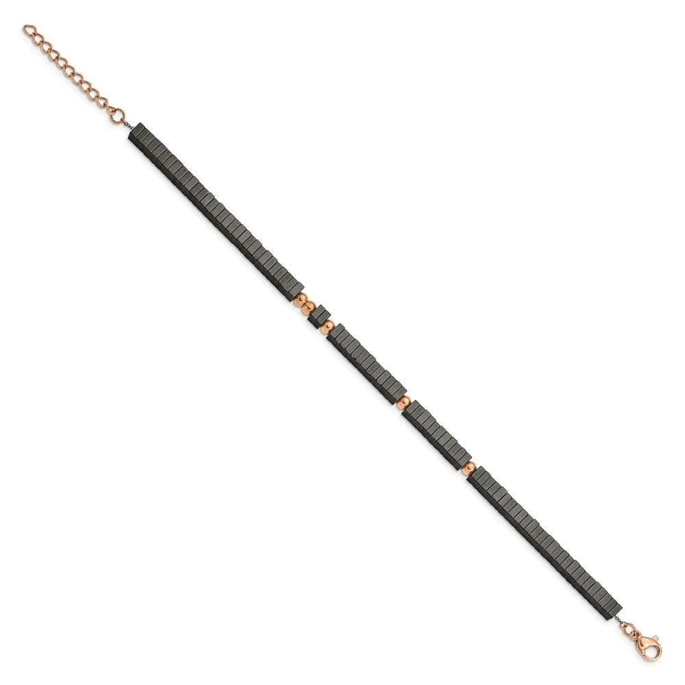 Chisel Stainless Steel Polished Rose IP-plated with Square Hematite Beads 7 inch Bracelet with 1.25 inch Extension