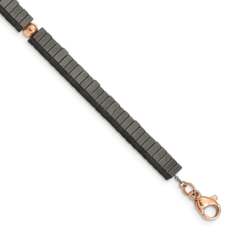 Chisel Stainless Steel Polished Rose IP-plated with Square Hematite Beads 7 inch Bracelet with 1.25 inch Extension
