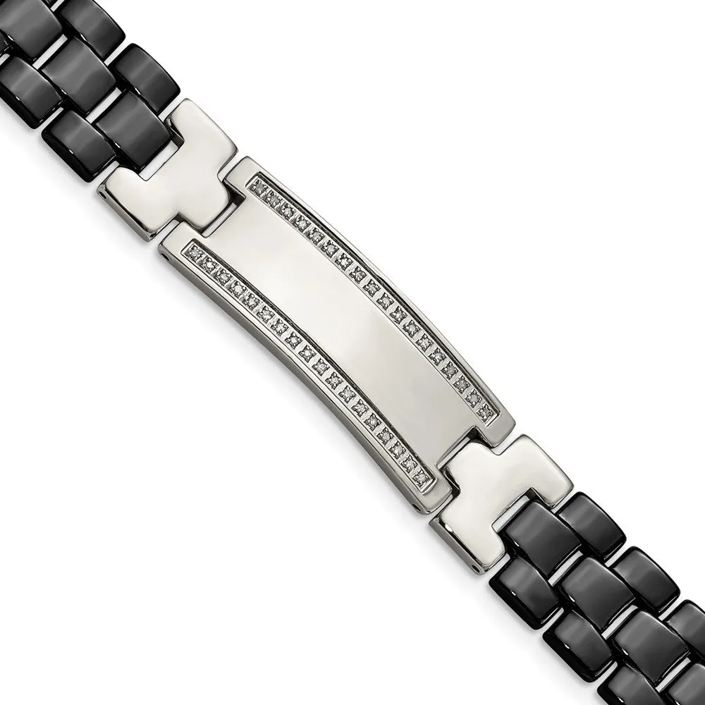 Chisel Stainless Steel Polished with Black Ceramic and 1/4 carat Diamond 8.75 inch ID Bracelet
