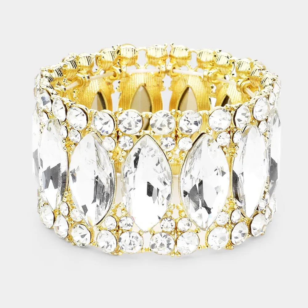 Clear Large Marquise Stoned Stretch Pageant Bracelet on Gold | Prom Jewelry | 506895