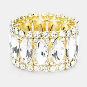 Clear Large Marquise Stoned Stretch Pageant Bracelet on Gold | Prom Jewelry | 506895