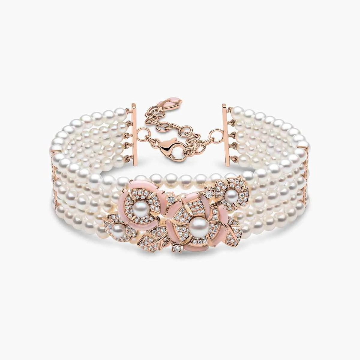 Cleopatra 18K Gold Freshwater Pearl Diamond and Pink Opal Bracelet