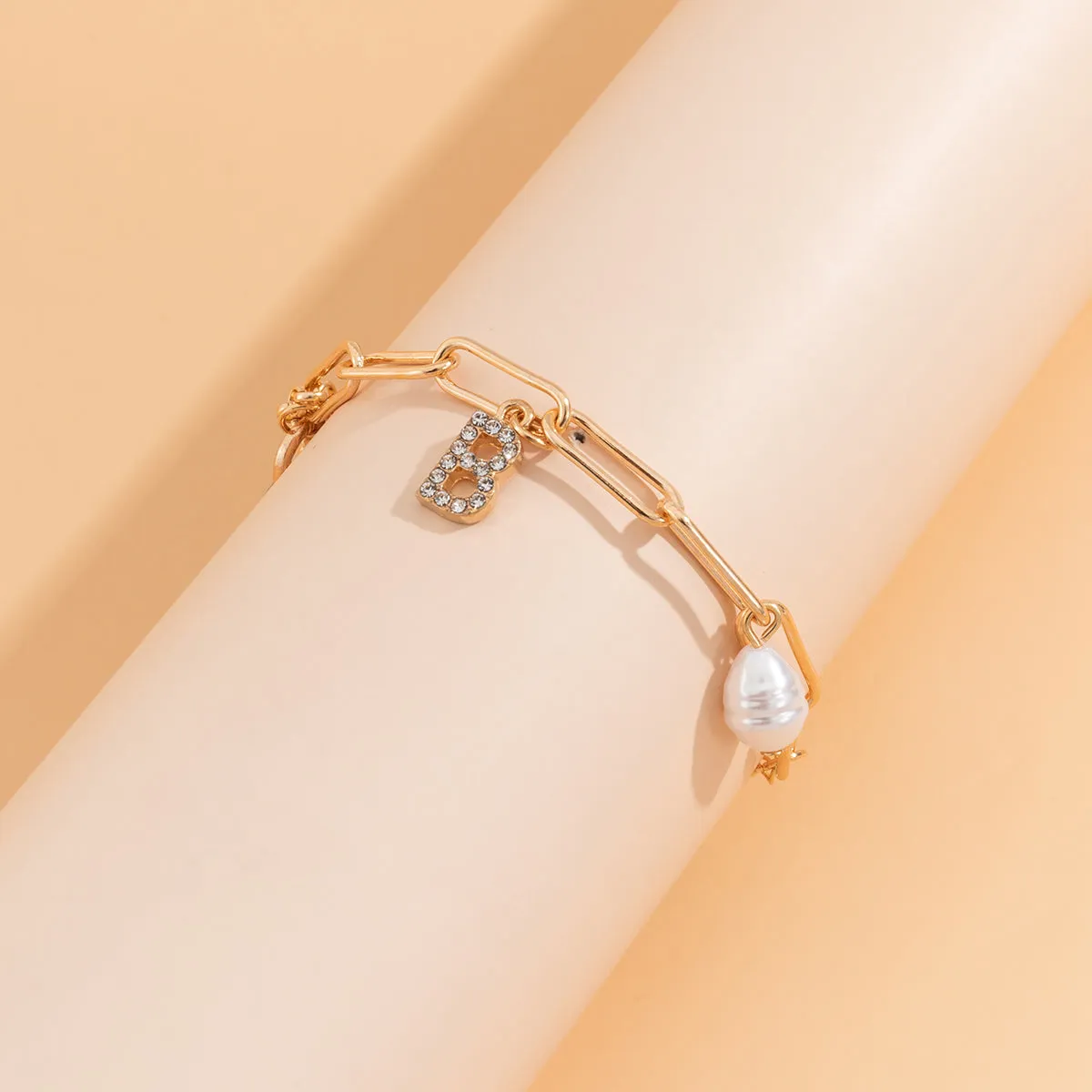 Cubic Zirconia & Pearl 18K Gold-Plated 'B' Lock Station Bracelet