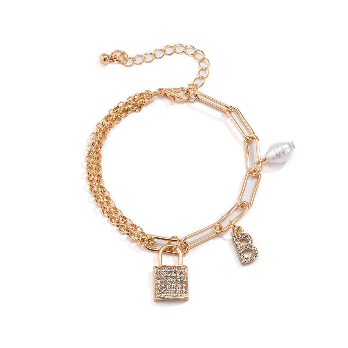 Cubic Zirconia & Pearl 18K Gold-Plated 'B' Lock Station Bracelet