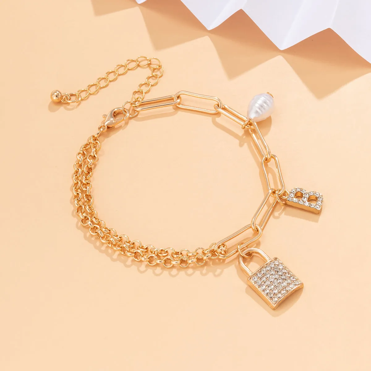 Cubic Zirconia & Pearl 18K Gold-Plated 'B' Lock Station Bracelet