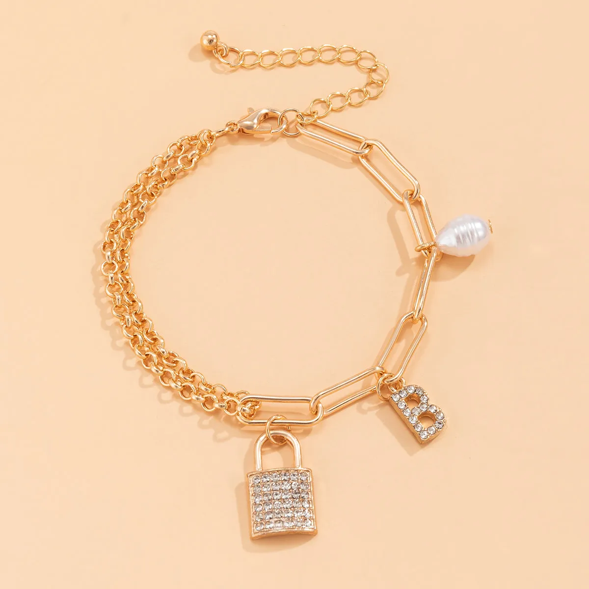 Cubic Zirconia & Pearl 18K Gold-Plated 'B' Lock Station Bracelet