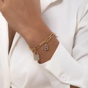 Cubic Zirconia & Pearl 18K Gold-Plated 'B' Lock Station Bracelet