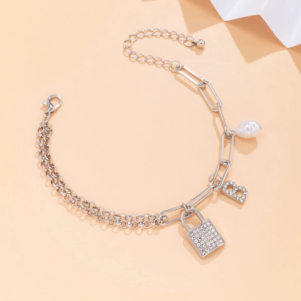 Cubic Zirconia & Pearl Silver-Plated 'B' Lock Station Bracelet