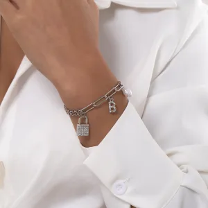 Cubic Zirconia & Pearl Silver-Plated 'B' Lock Station Bracelet