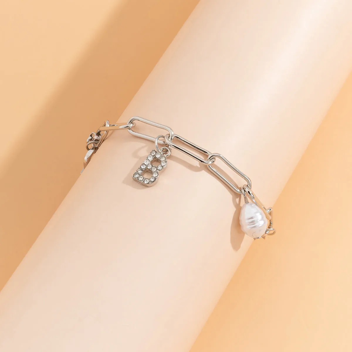 Cubic Zirconia & Pearl Silver-Plated 'B' Lock Station Bracelet