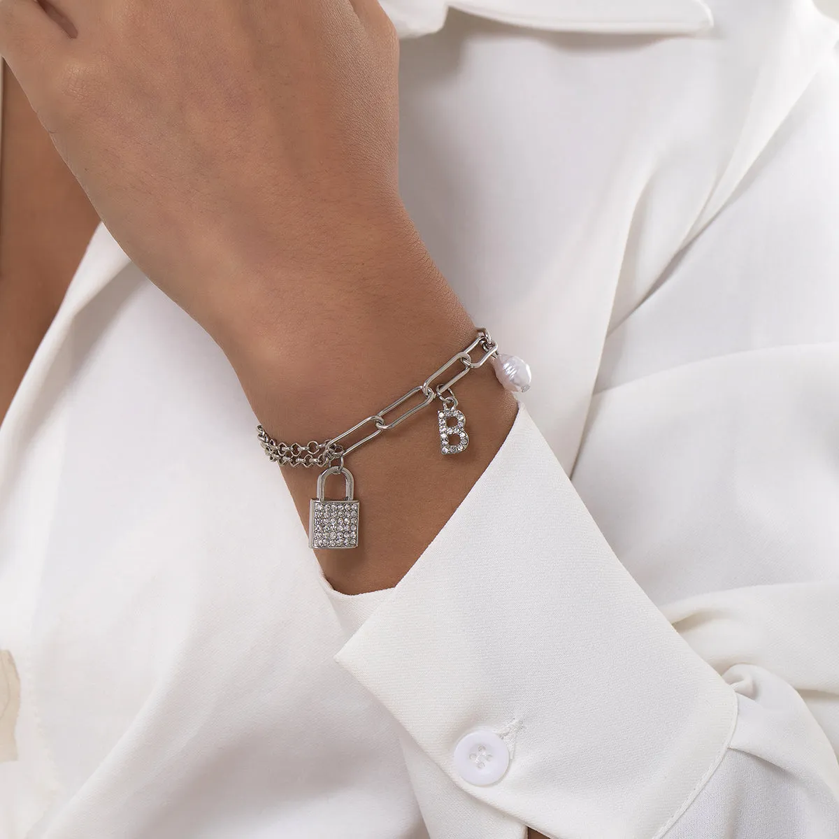 Cubic Zirconia & Pearl Silver-Plated 'B' Lock Station Bracelet