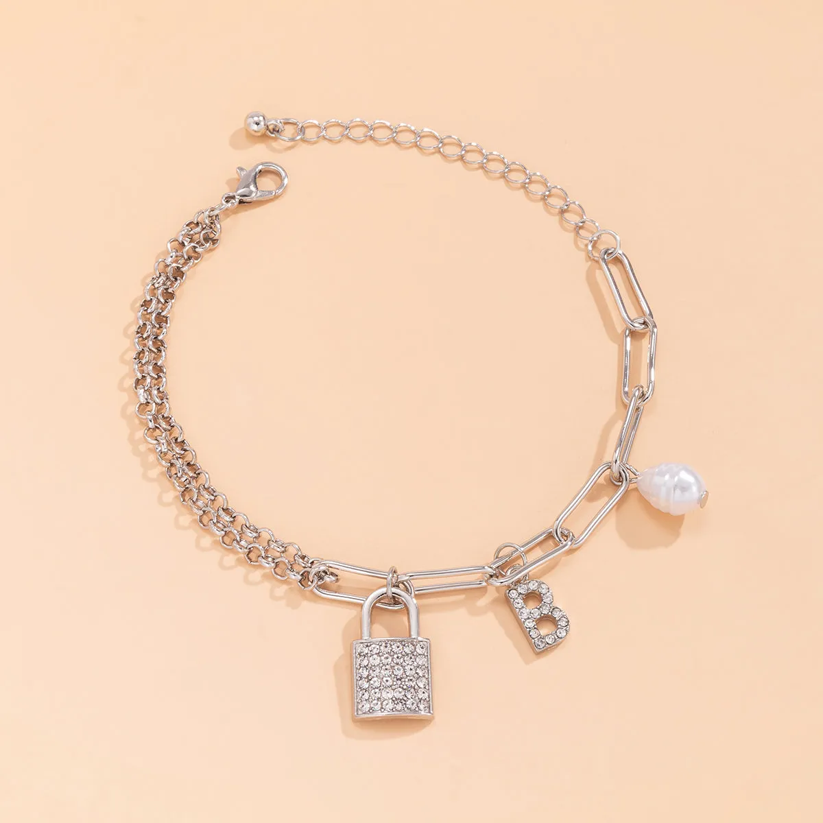 Cubic Zirconia & Pearl Silver-Plated 'B' Lock Station Bracelet