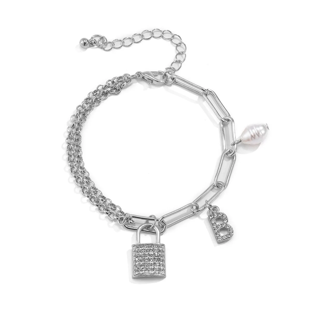 Cubic Zirconia & Pearl Silver-Plated 'B' Lock Station Bracelet