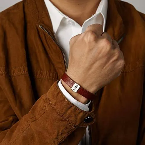 Custom Initial Leather Bracelet For Men, Couple Initials Bracelet
