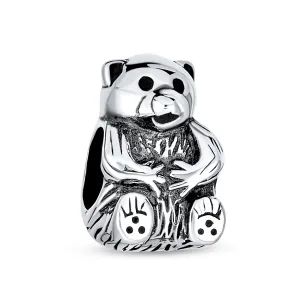 Cute Teddy Bear Charm Bead in Oxidized Sterling Silver for European Bracelets