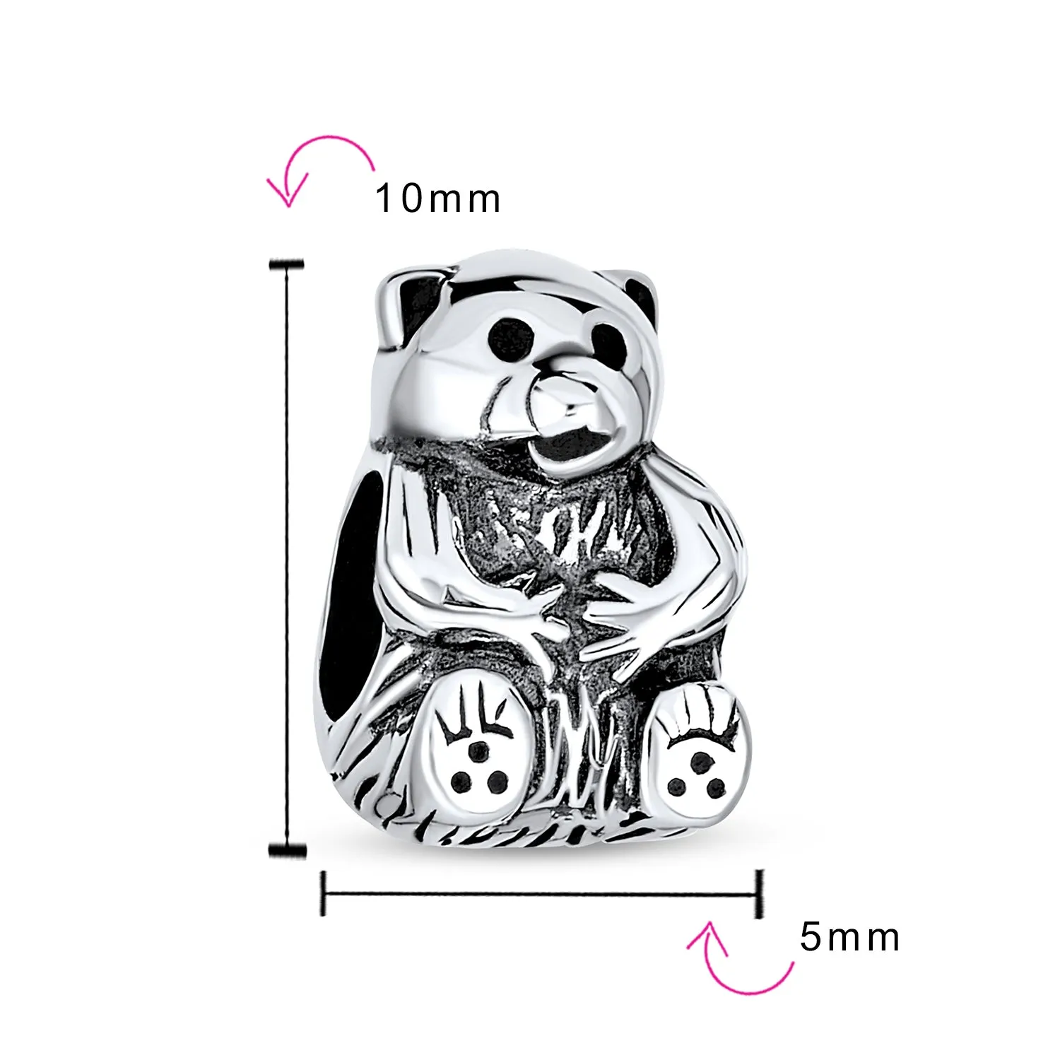 Cute Teddy Bear Charm Bead in Oxidized Sterling Silver for European Bracelets