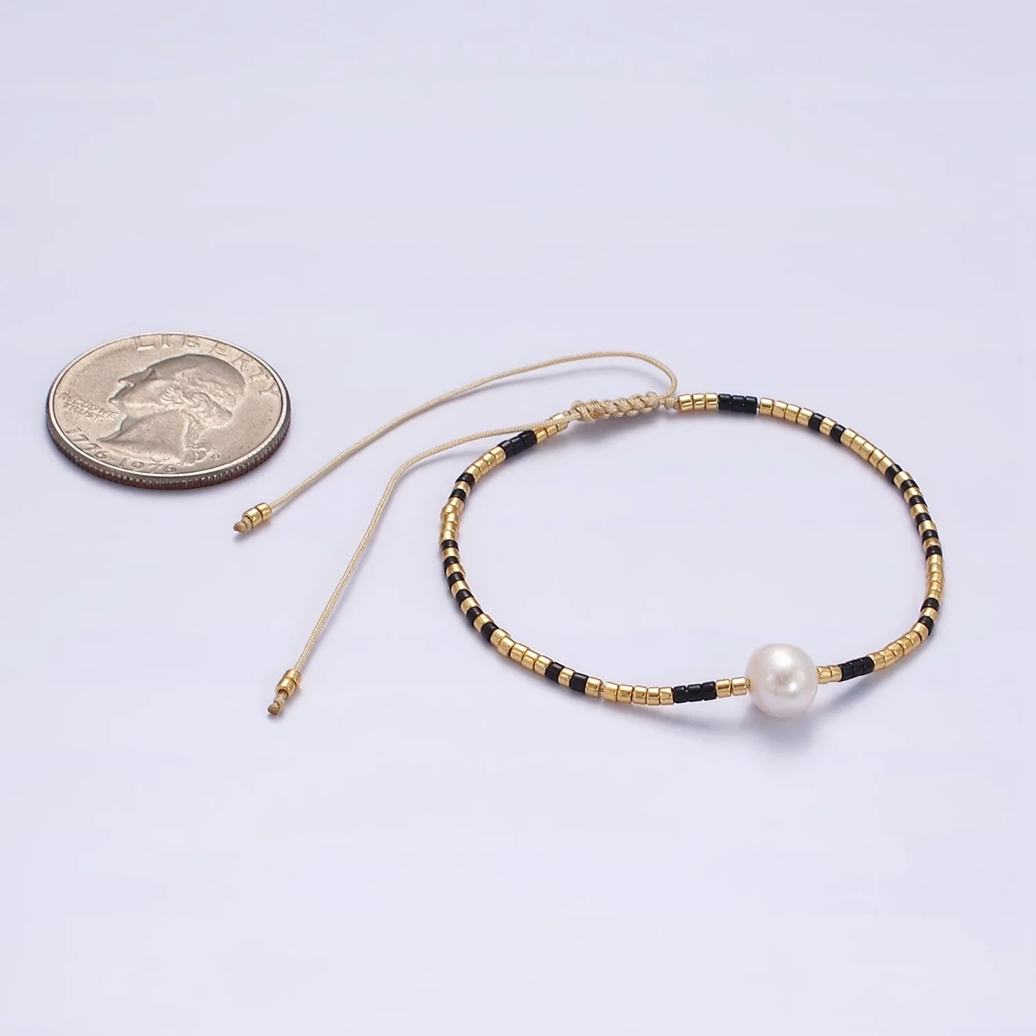 Dainty Shell Pearl Cord Bracelet with Gold Black Beaded Adjustable Bracelet WA-2203