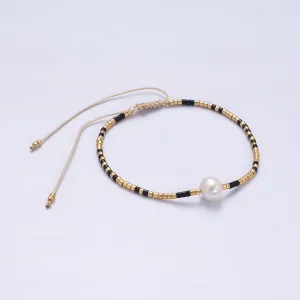 Dainty Shell Pearl Cord Bracelet with Gold Black Beaded Adjustable Bracelet WA-2203
