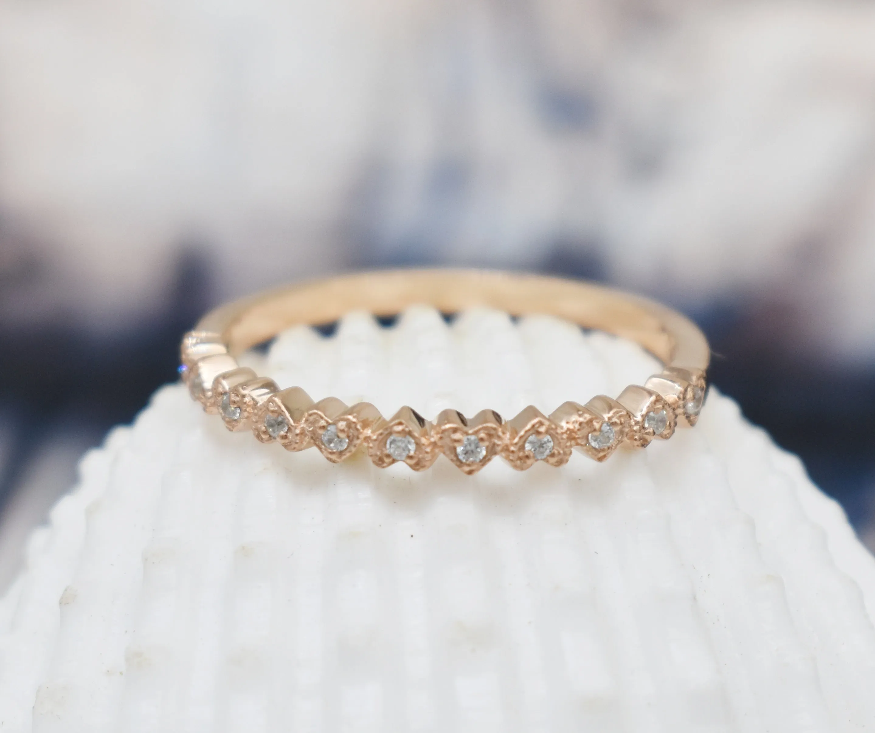 DELICATE HEART STACKABLE RING| DIAMOND| CUBIC ZIRCONIA| 14K ROSE GOLD| WEDDING BAND| ENGAGEMENT RING| GIFT FOR HER| APRIL BIRTHSTONE