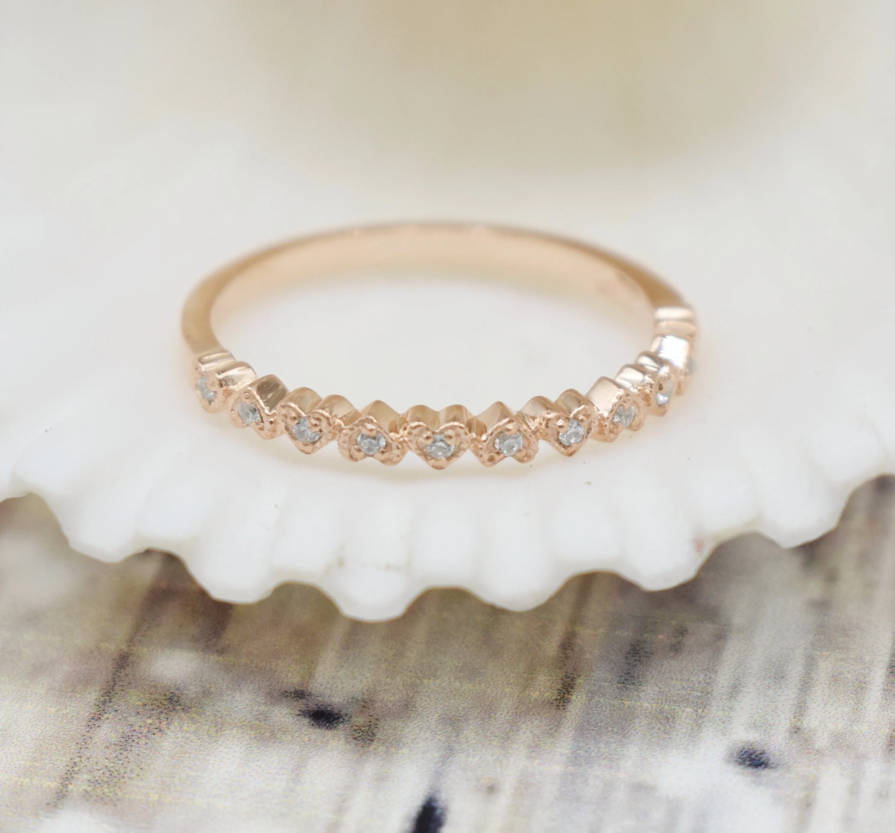DELICATE HEART STACKABLE RING| DIAMOND| CUBIC ZIRCONIA| 14K ROSE GOLD| WEDDING BAND| ENGAGEMENT RING| GIFT FOR HER| APRIL BIRTHSTONE