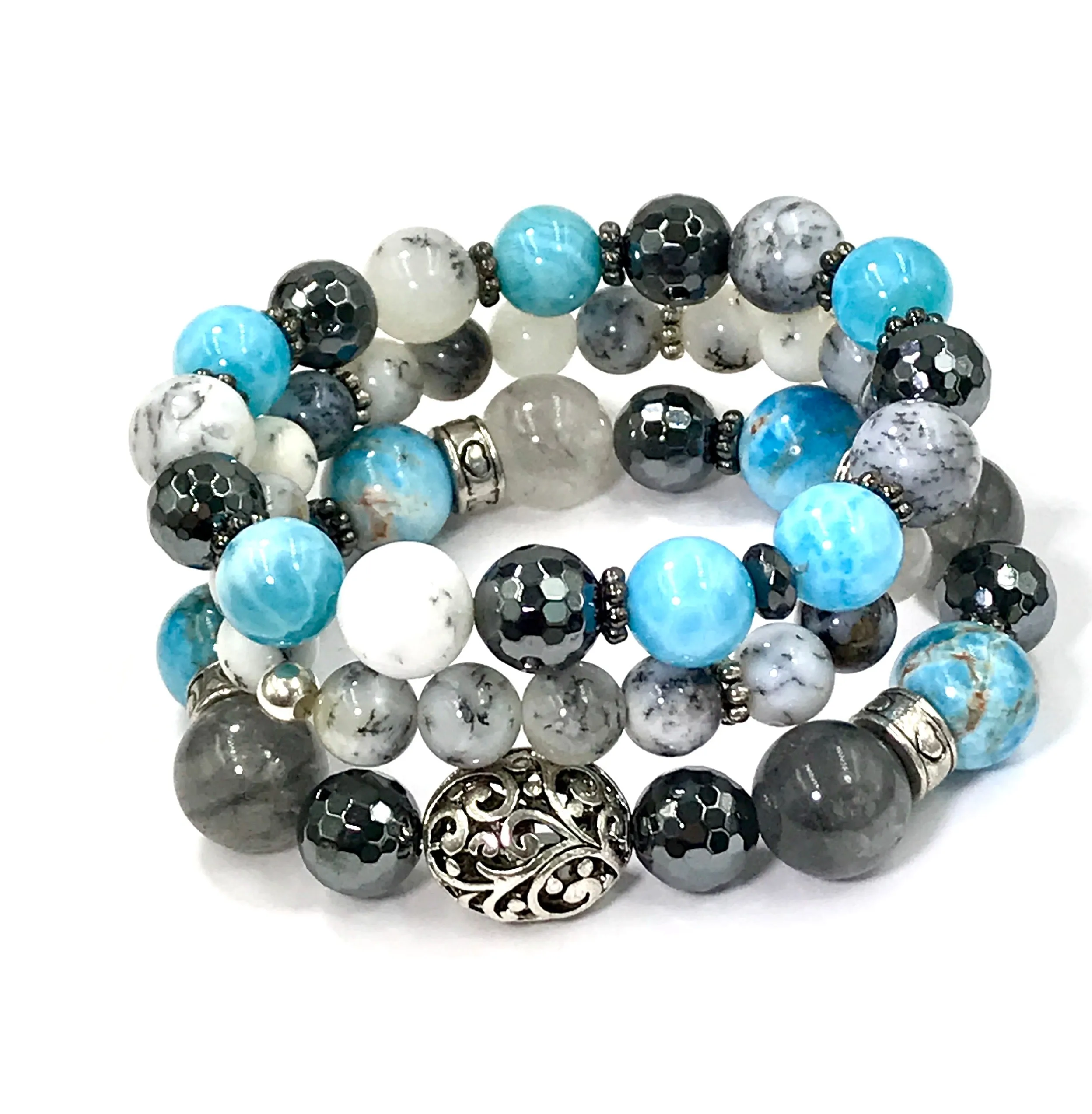 Dendritic Opal Blue Grey Silver Boho Stretch Bracelet Stacking Set of 3