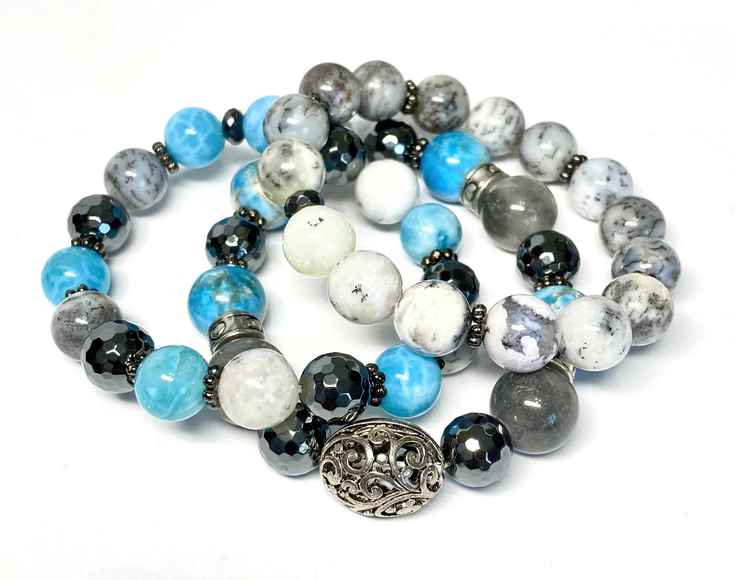 Dendritic Opal Blue Grey Silver Boho Stretch Bracelet Stacking Set of 3