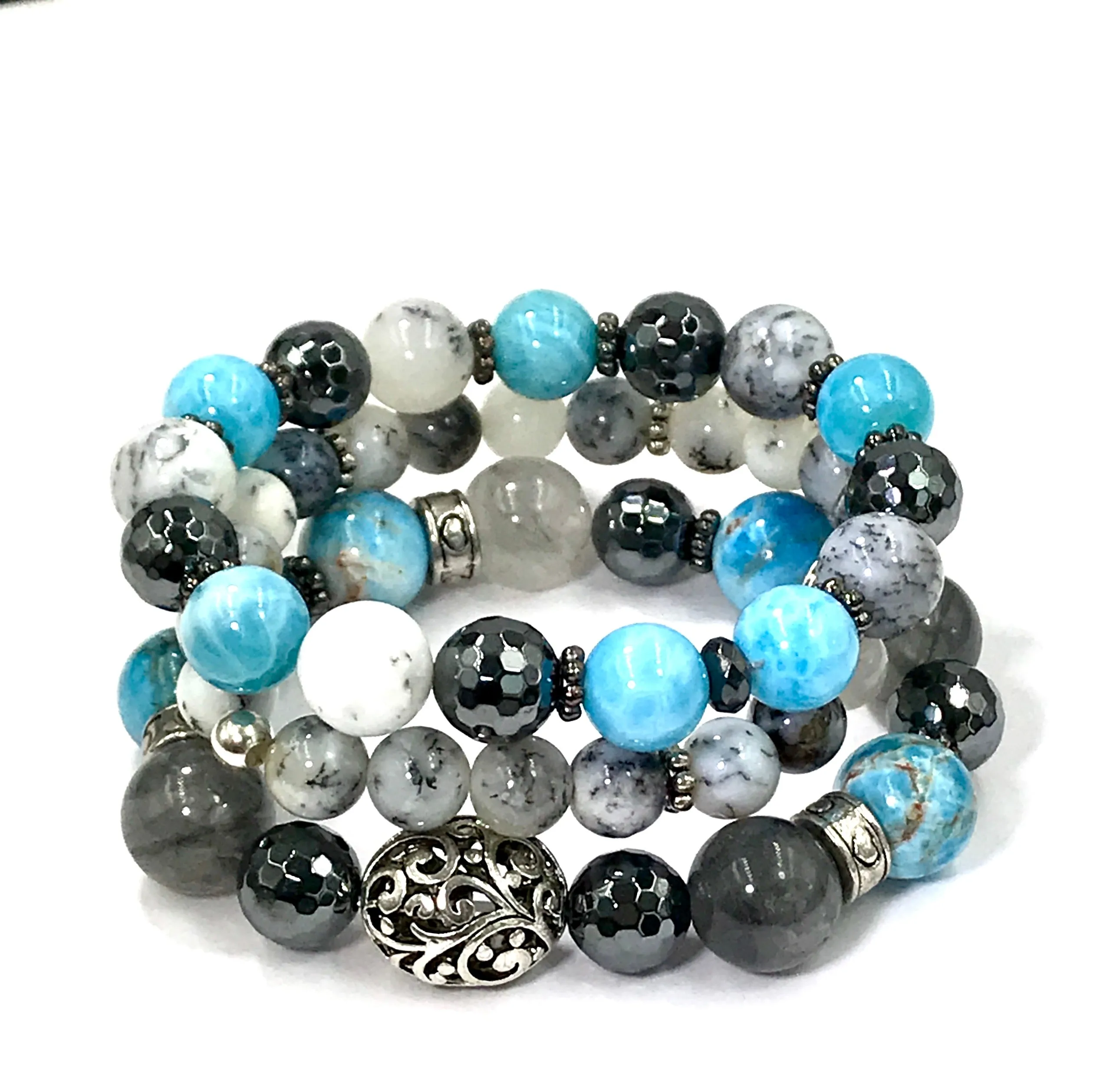 Dendritic Opal Blue Grey Silver Boho Stretch Bracelet Stacking Set of 3