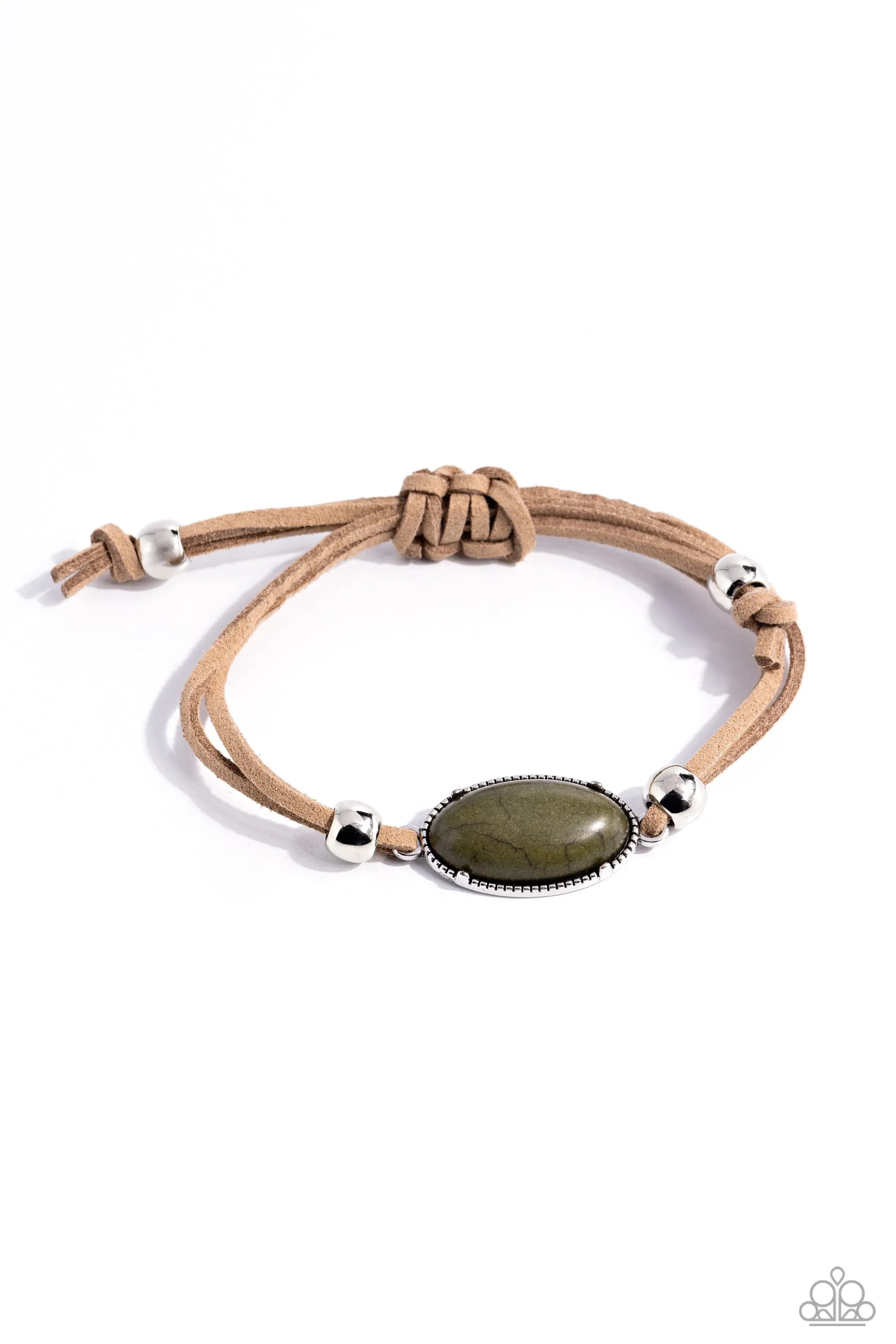 Desertscape Drive - Green - Oval Stone Brown Cord Paparazzi Pull-Cord Bracelet