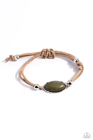 Desertscape Drive - Green - Oval Stone Brown Cord Paparazzi Pull-Cord Bracelet