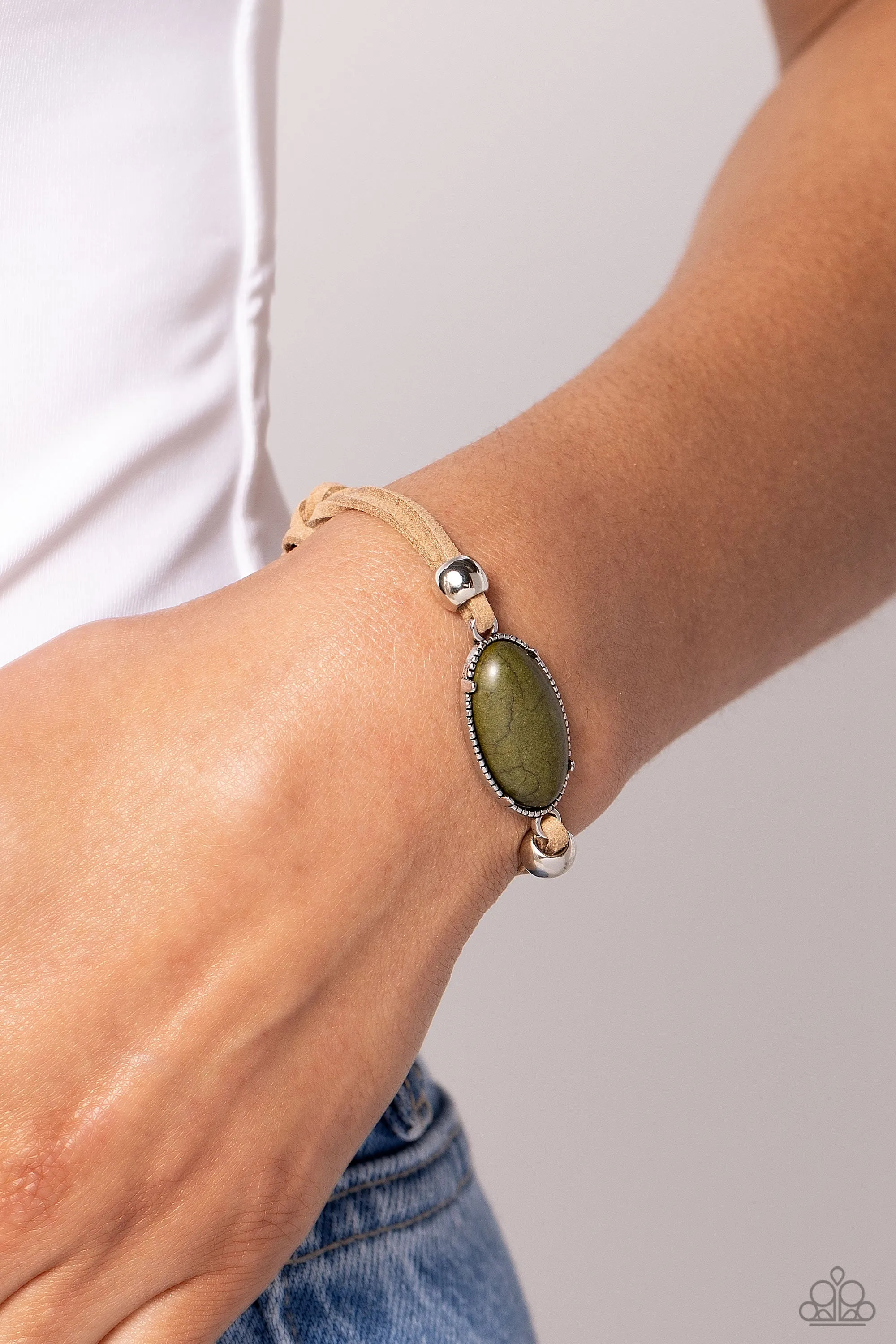 Desertscape Drive - Green - Oval Stone Brown Cord Paparazzi Pull-Cord Bracelet