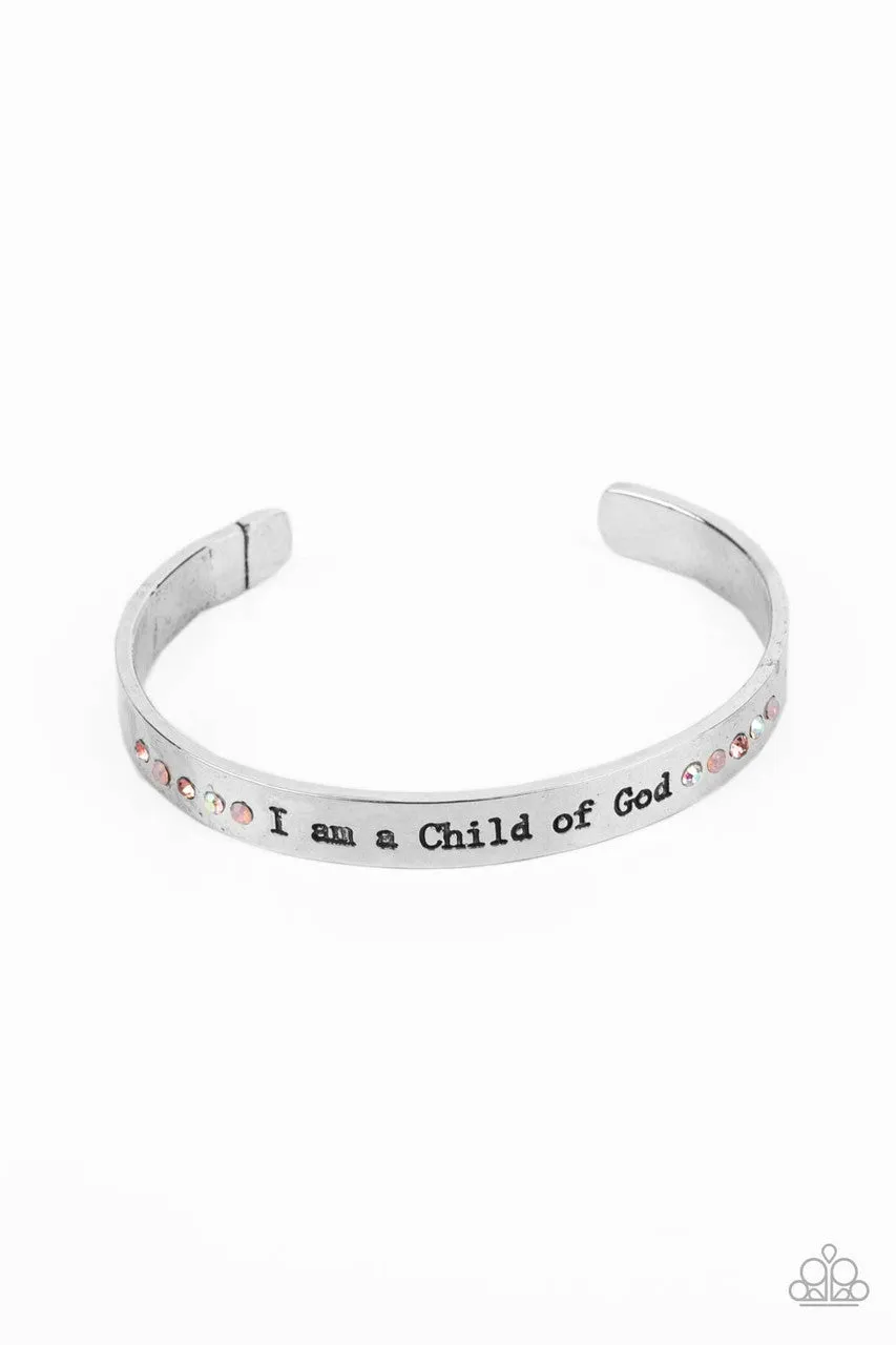 Divine Display - Pink - Iridescent Rhinestone "I Am a Child of God" Inspirational Religious Paparazzi Cuff Bracelet