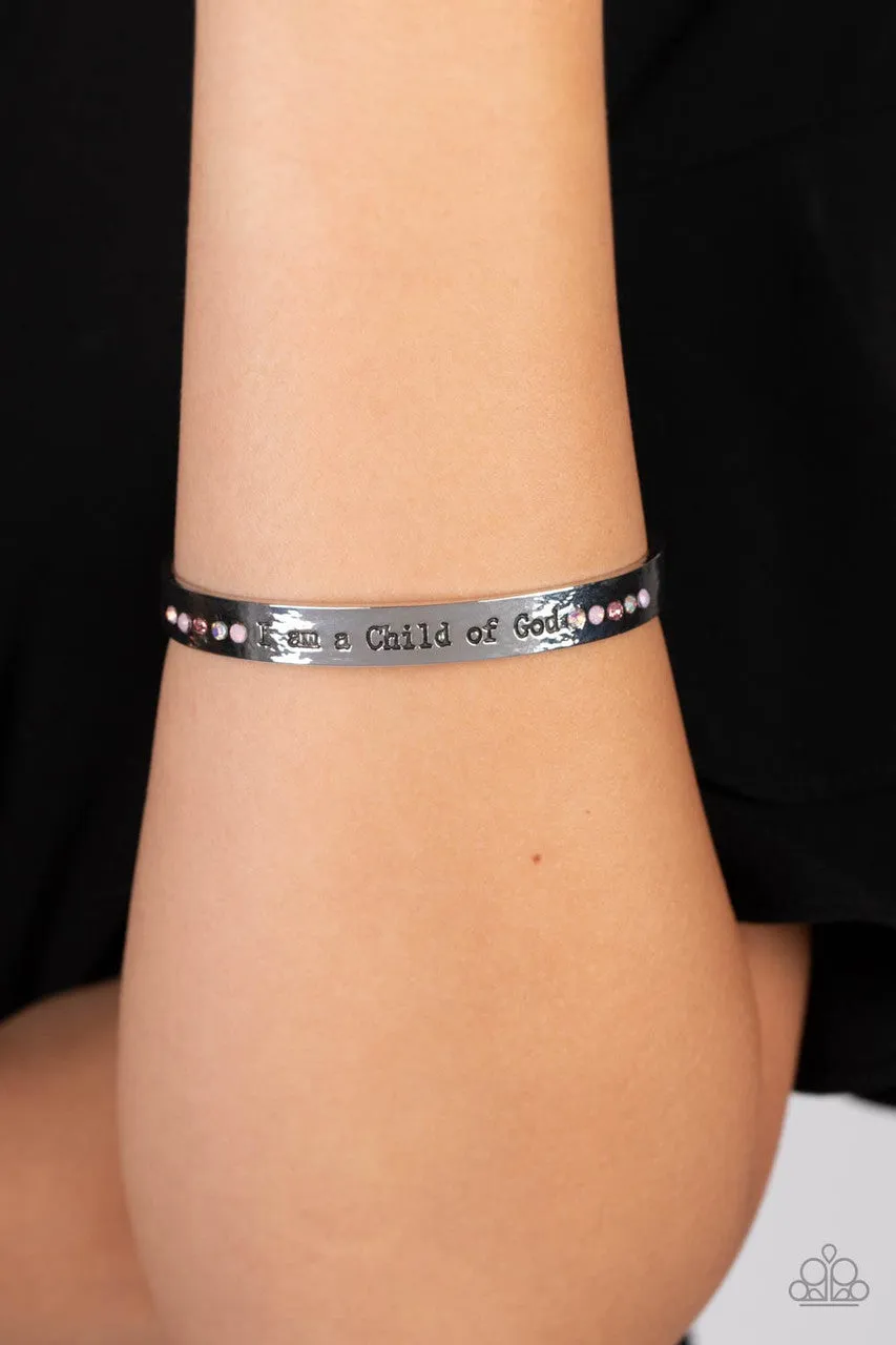 Divine Display - Pink - Iridescent Rhinestone "I Am a Child of God" Inspirational Religious Paparazzi Cuff Bracelet