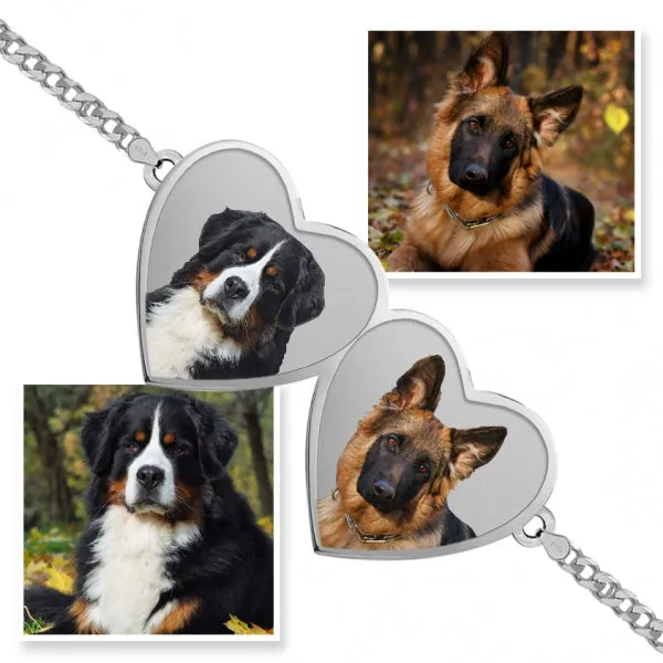 Double Hearts Photo Engrave Bracelet w/ Curb Chain Jewelry