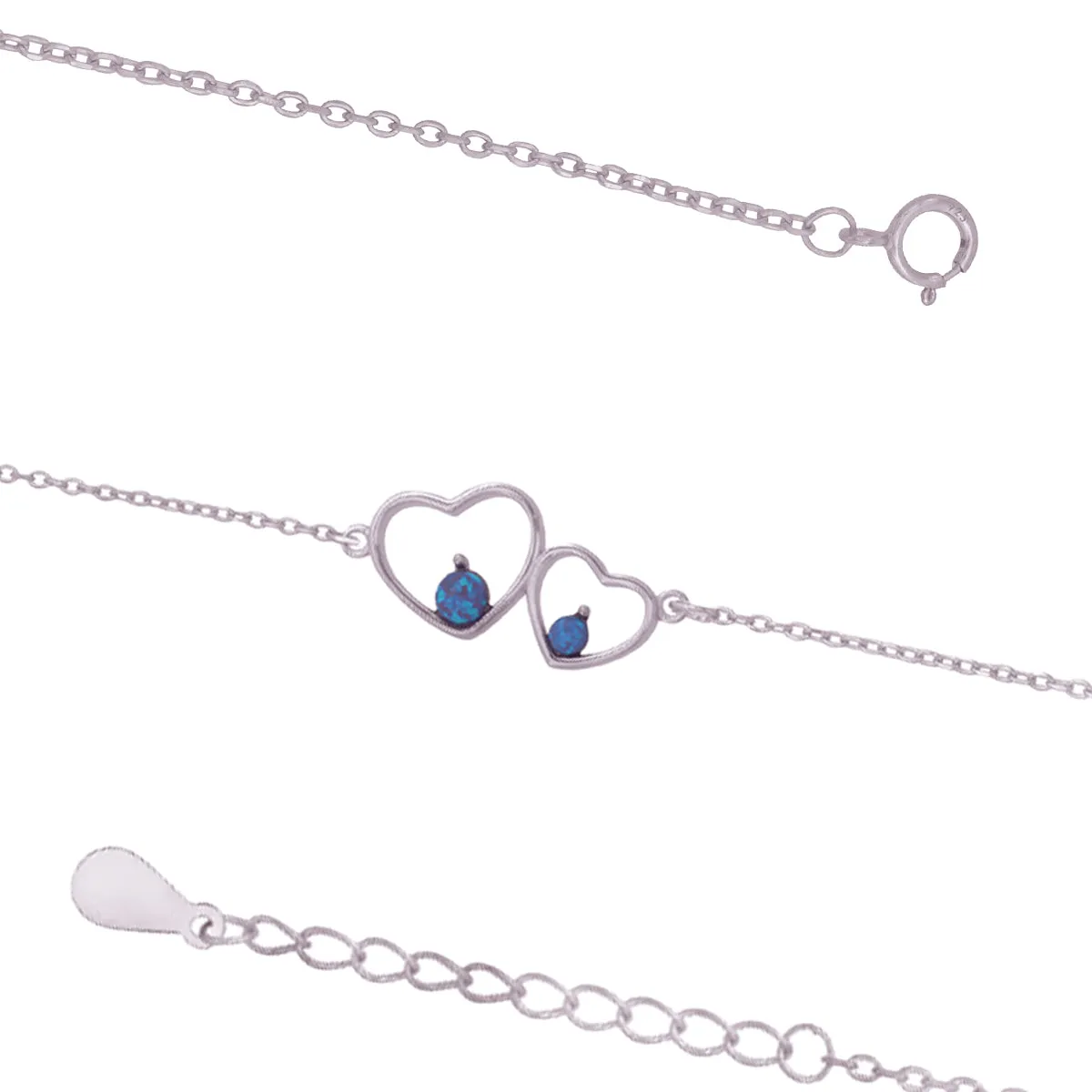 Dual Heart 925 Rhodium Plated Blue Opal Bracelets