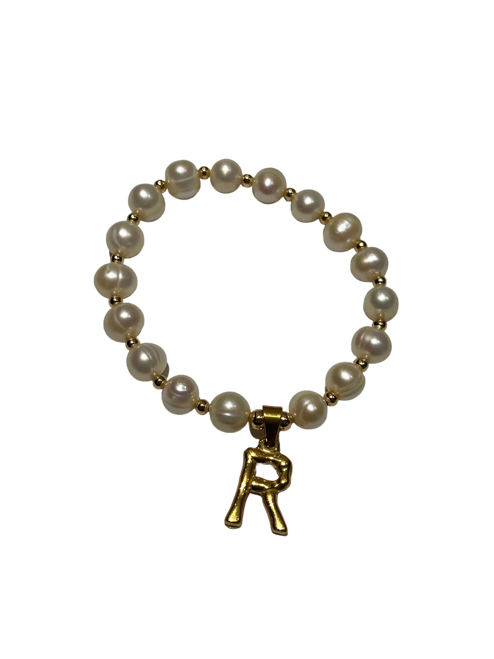 E-HC DESIGNS- Letter Initial Pearl-Gold Elastic Bracelet