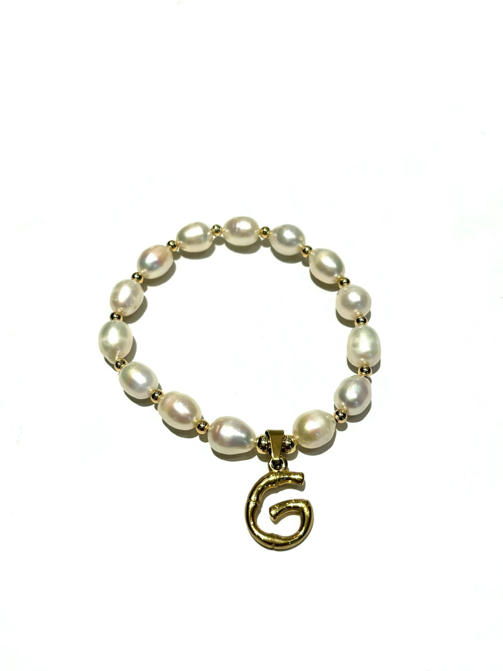 E-HC DESIGNS- Letter Initial Pearl-Gold Elastic Bracelet