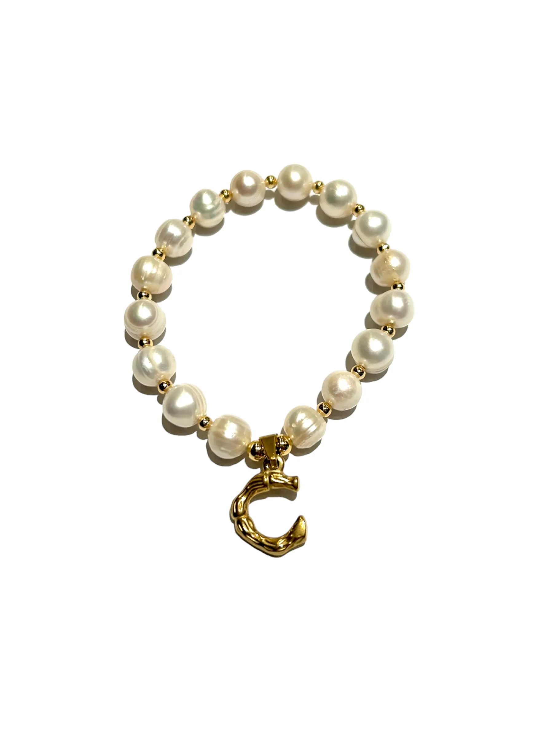 E-HC DESIGNS- Letter Initial Pearl-Gold Elastic Bracelet