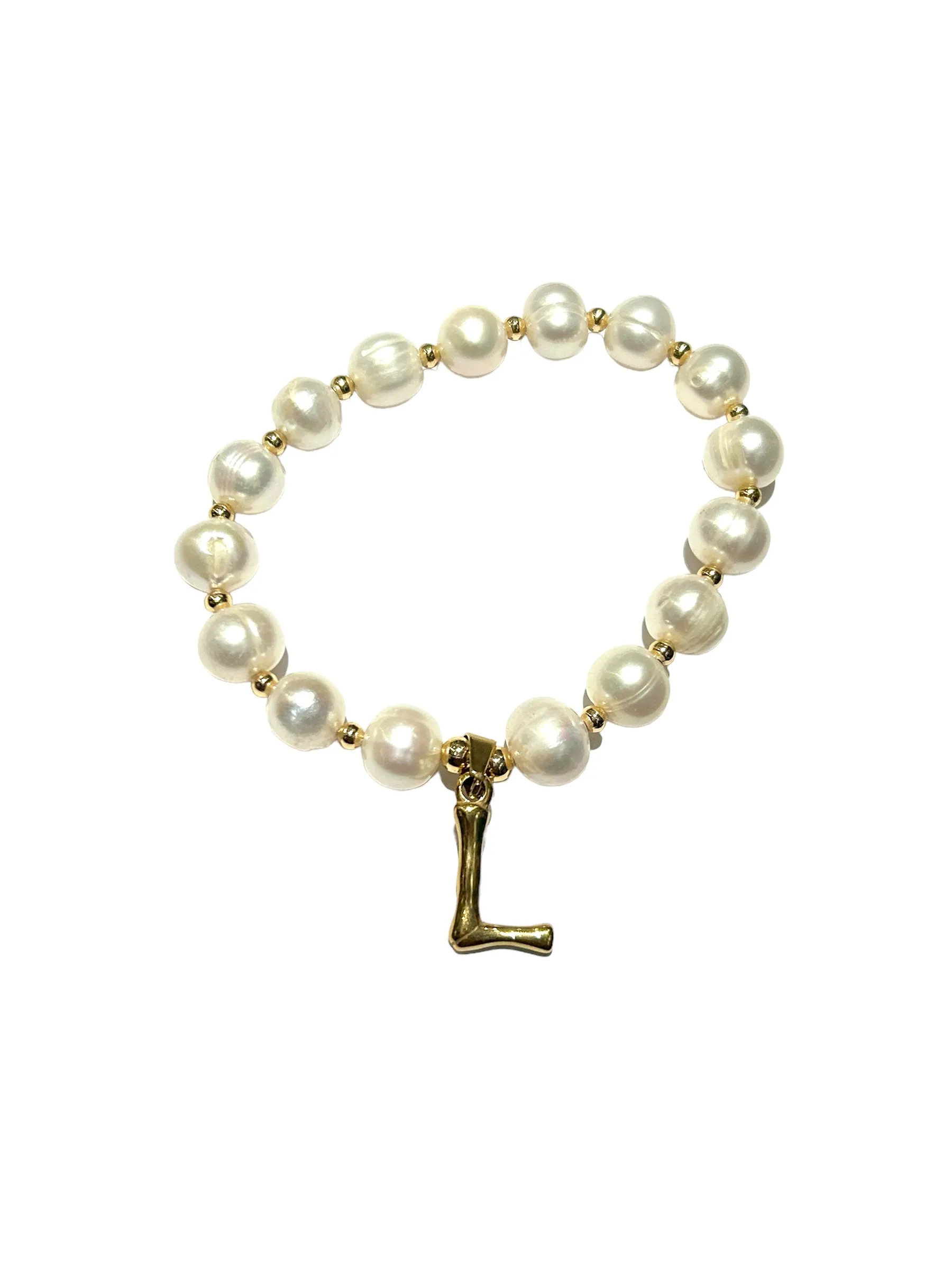 E-HC DESIGNS- Letter Initial Pearl-Gold Elastic Bracelet