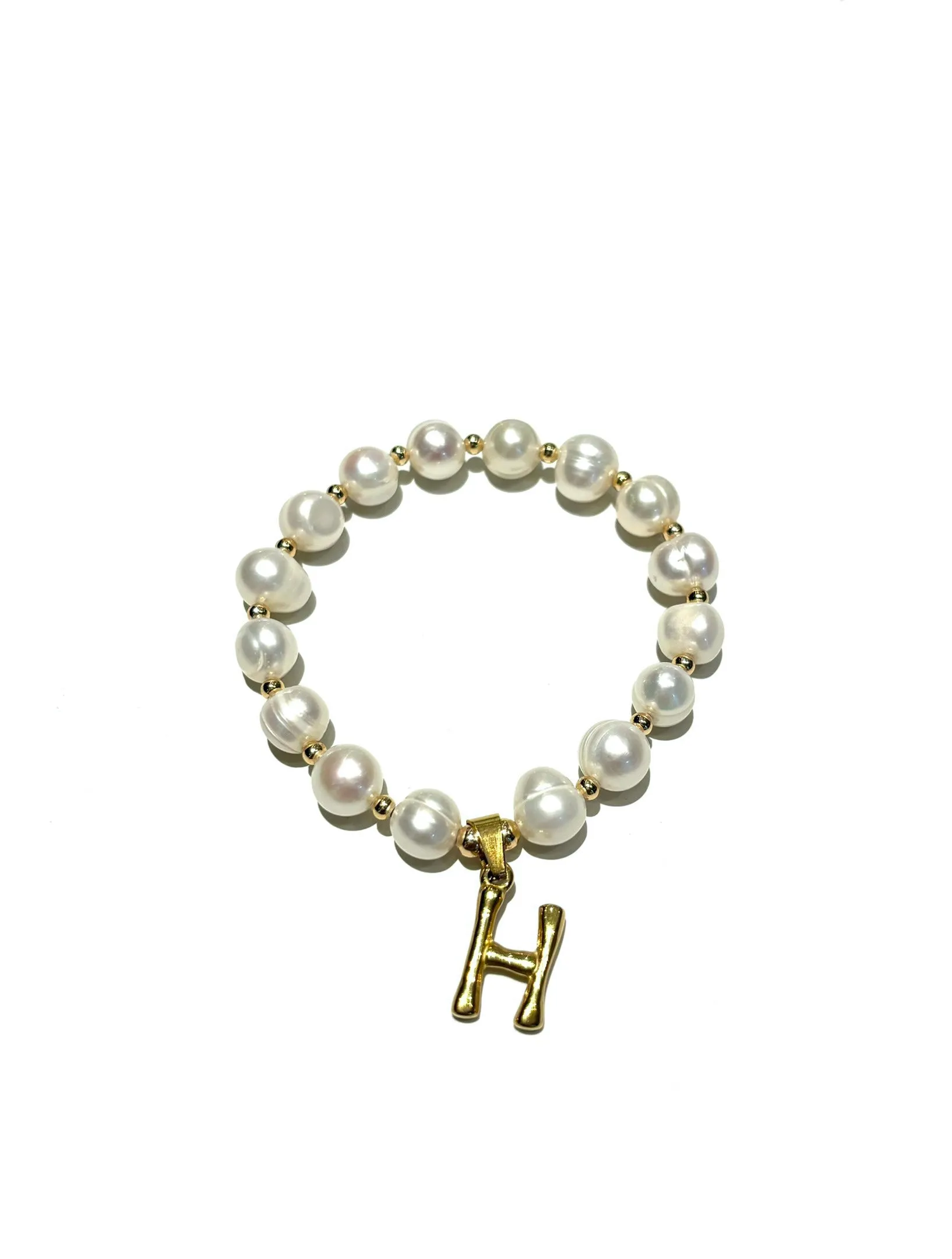E-HC DESIGNS- Letter Initial Pearl-Gold Elastic Bracelet