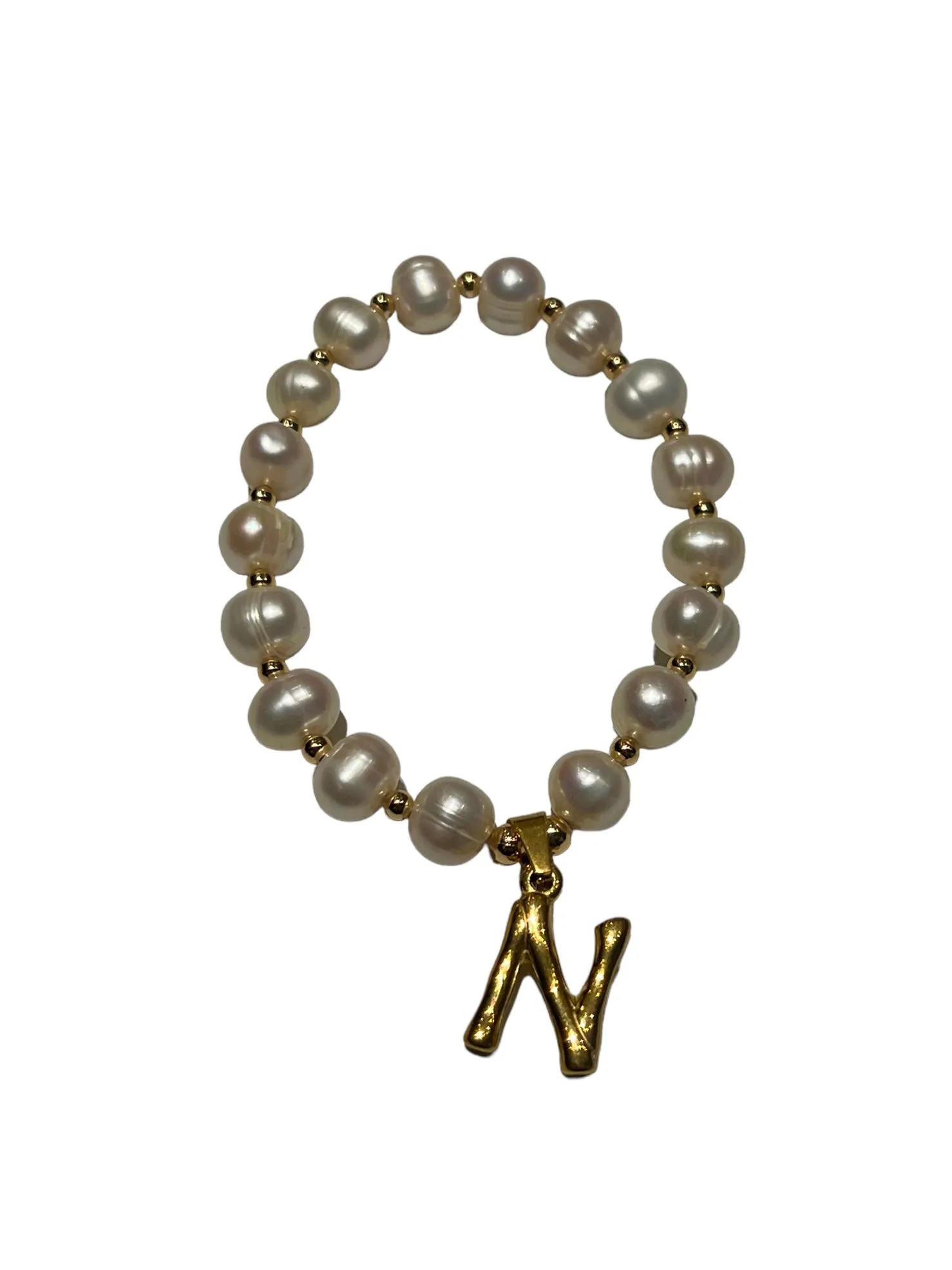 E-HC DESIGNS- Letter Initial Pearl-Gold Elastic Bracelet
