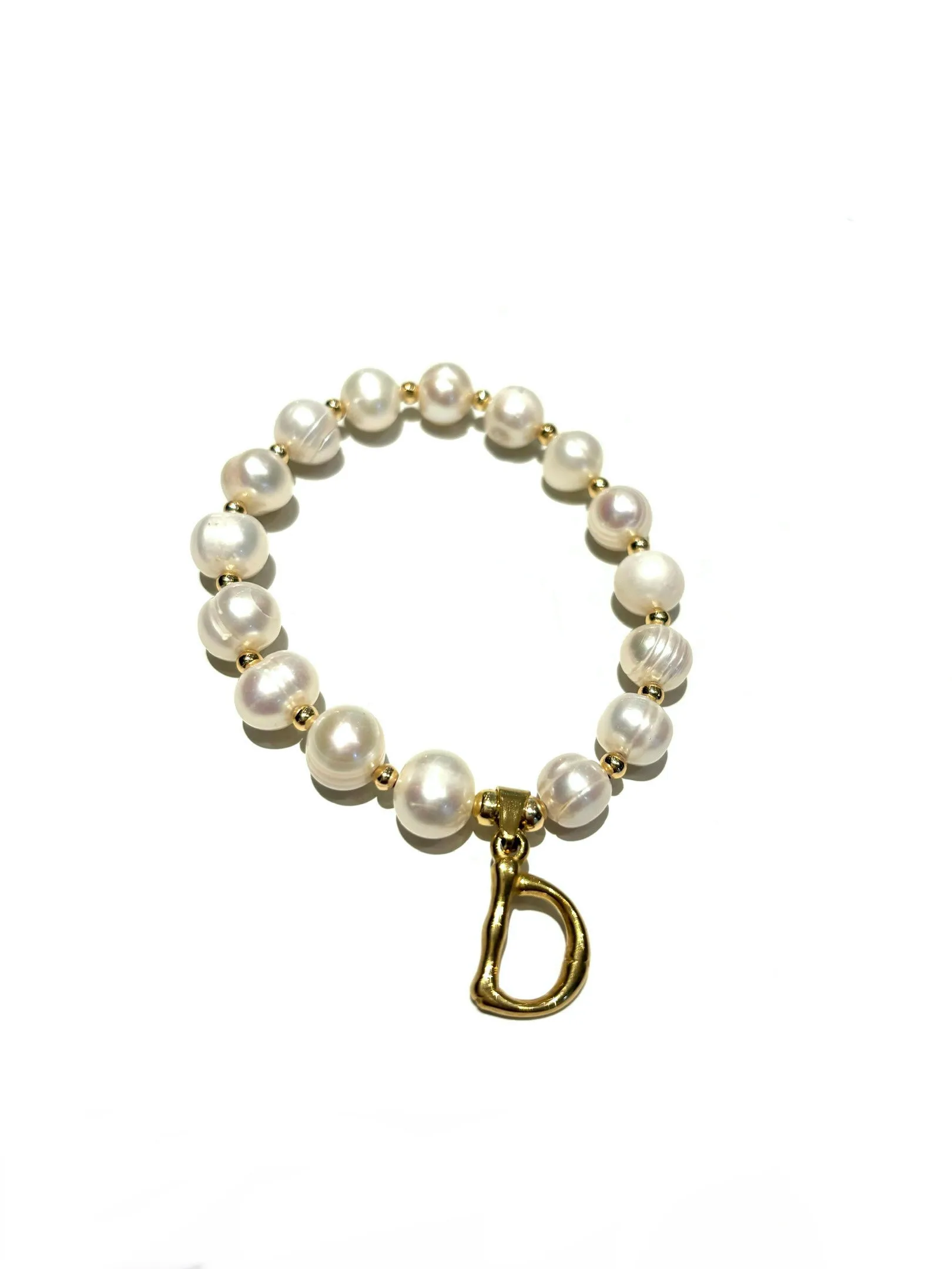 E-HC DESIGNS- Letter Initial Pearl-Gold Elastic Bracelet