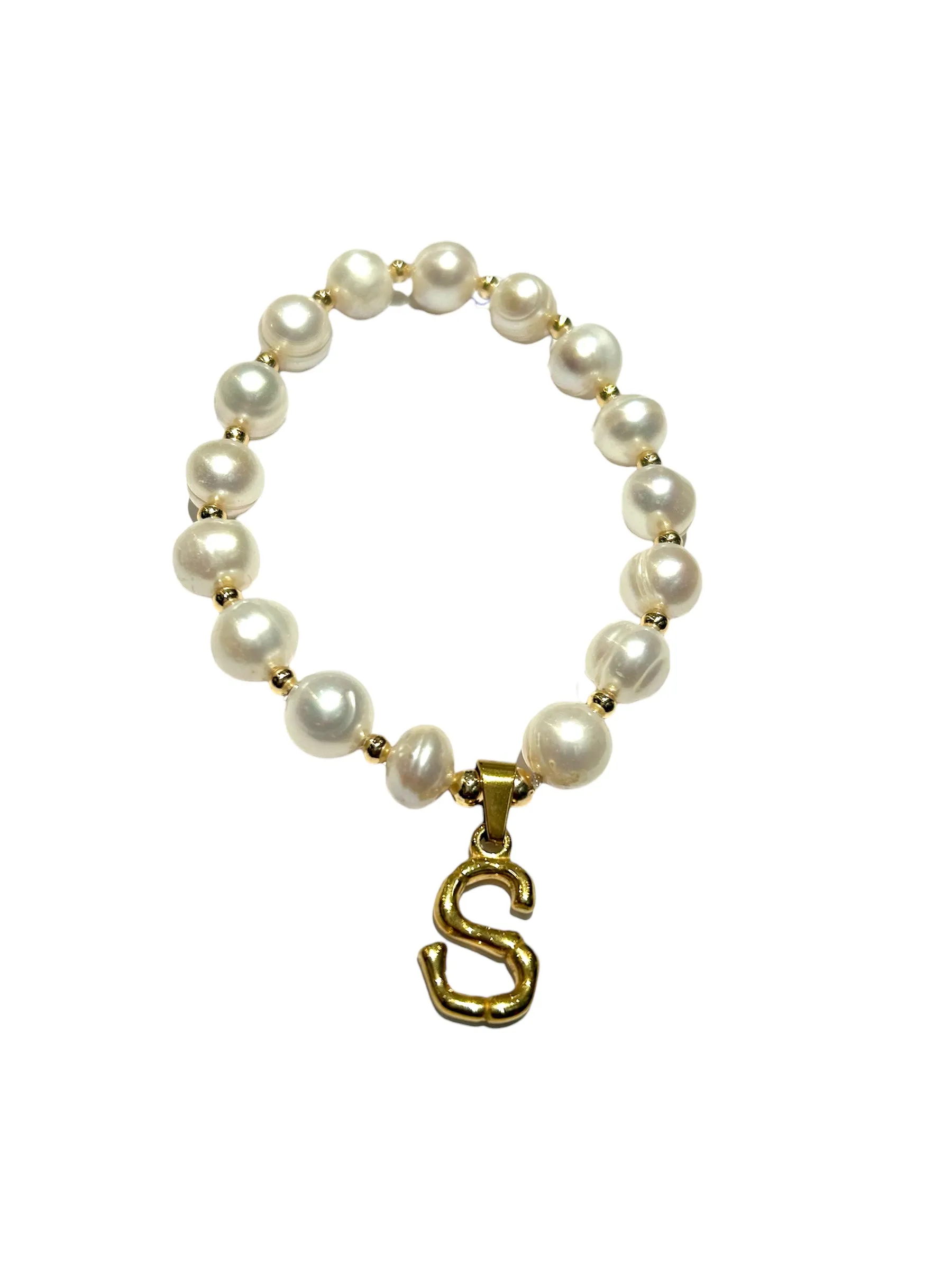 E-HC DESIGNS- Letter Initial Pearl-Gold Elastic Bracelet