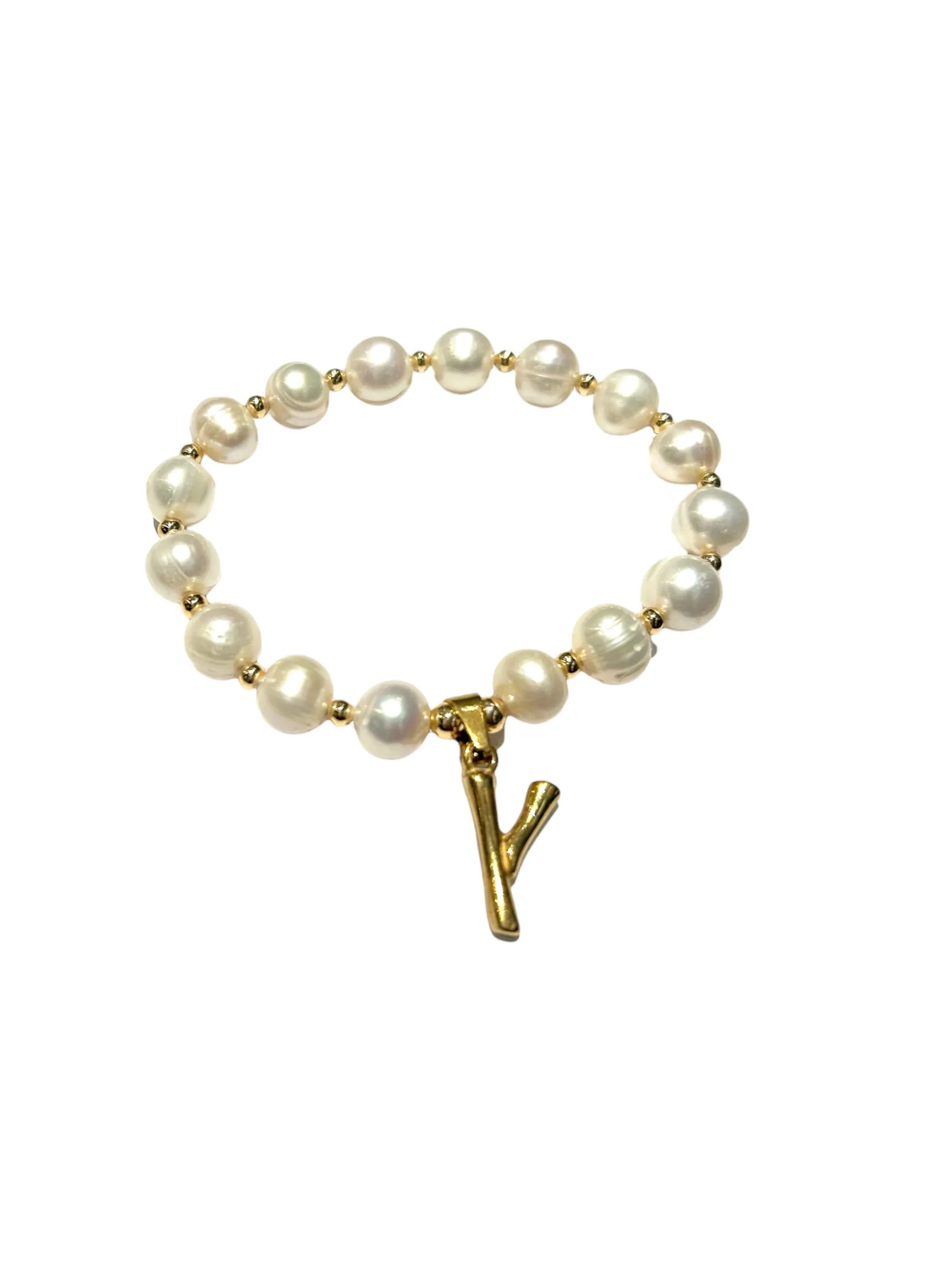 E-HC DESIGNS- Letter Initial Pearl-Gold Elastic Bracelet